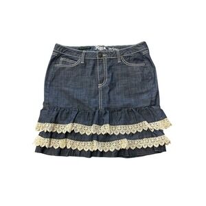 Rock 47 by Wrangler Denim Mini Skirt with Lace Trim‎ Ruffle Hem